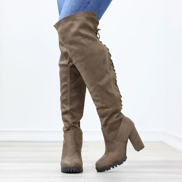 Lace-Up Back Taupe Faux Suede Thigh High Over The Knee Lug Block Heeled Boot - Picture 11 of 14